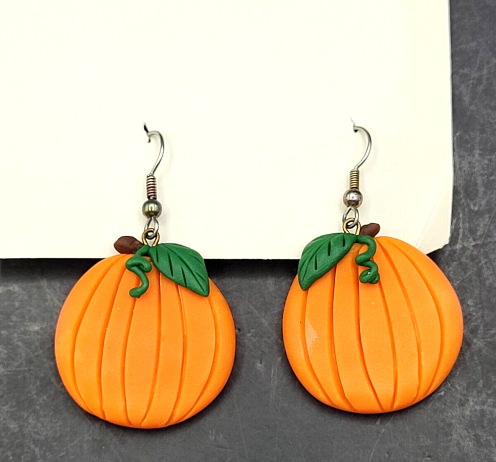 Vintage 90s Handcrafted Clay Orange Pumpkin Earrings 1" YK